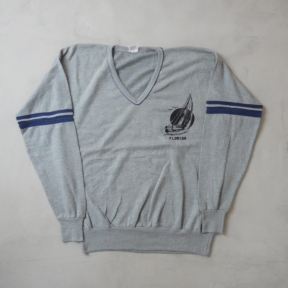 Vintage Florida Sailboat V-Neck Sweatshirt XL Mens 80s Grey Nautical